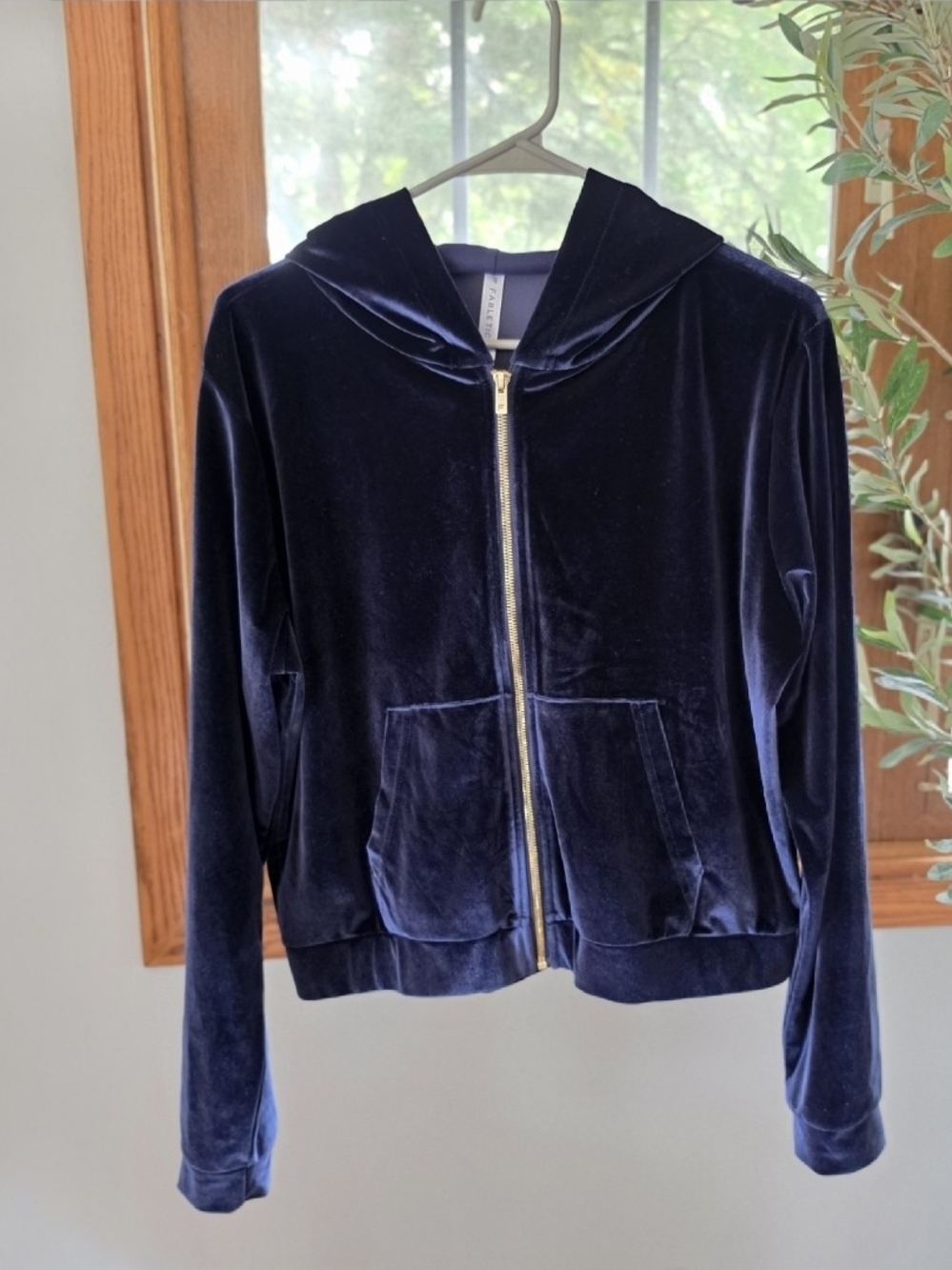 Fabletics Navy Velvet Hooded Zip Bomber Jacket with Gold Zip